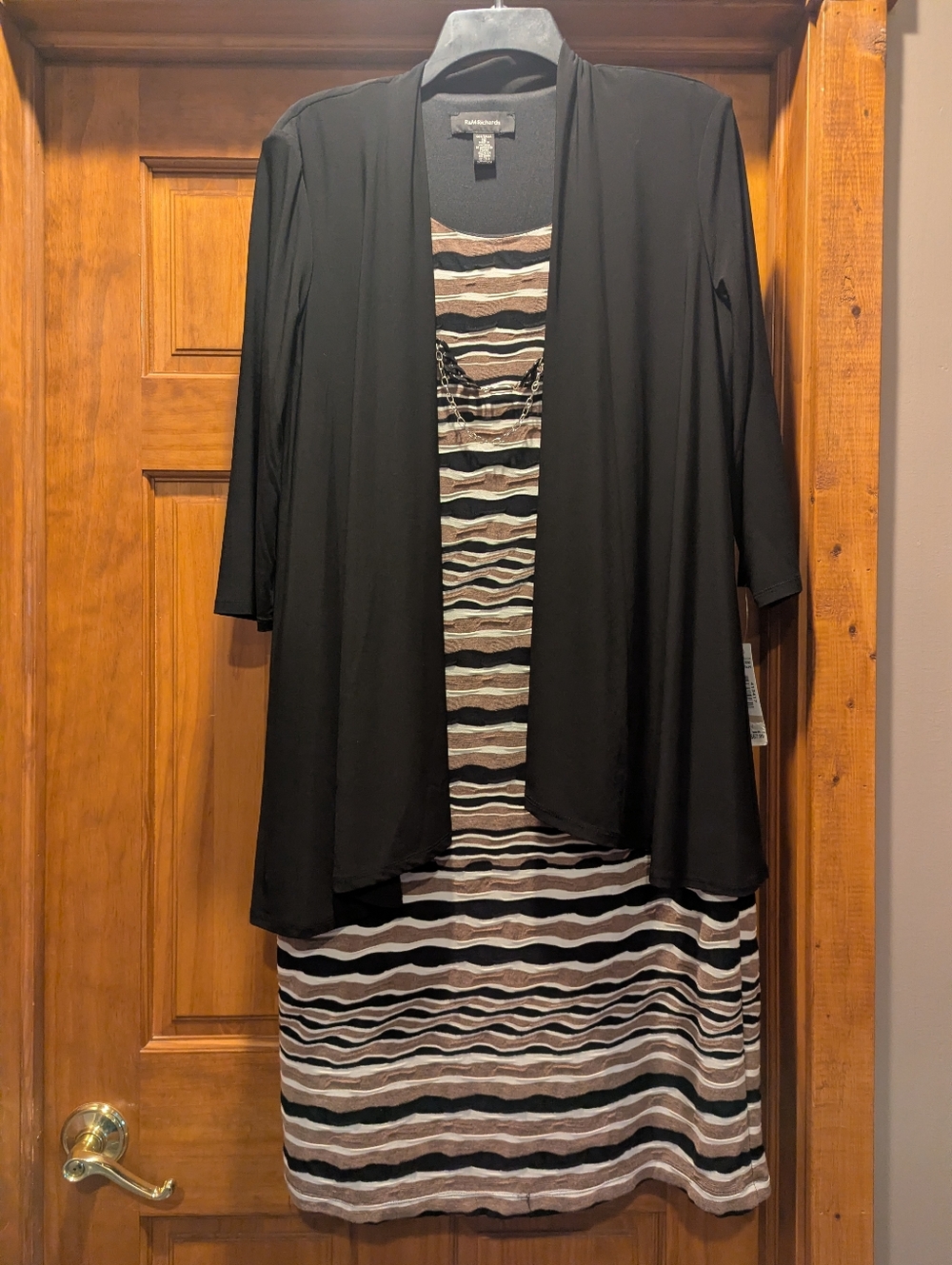 R&M Richards One-piece Black Overlay with Striped Knit Slip in Neutral Tones